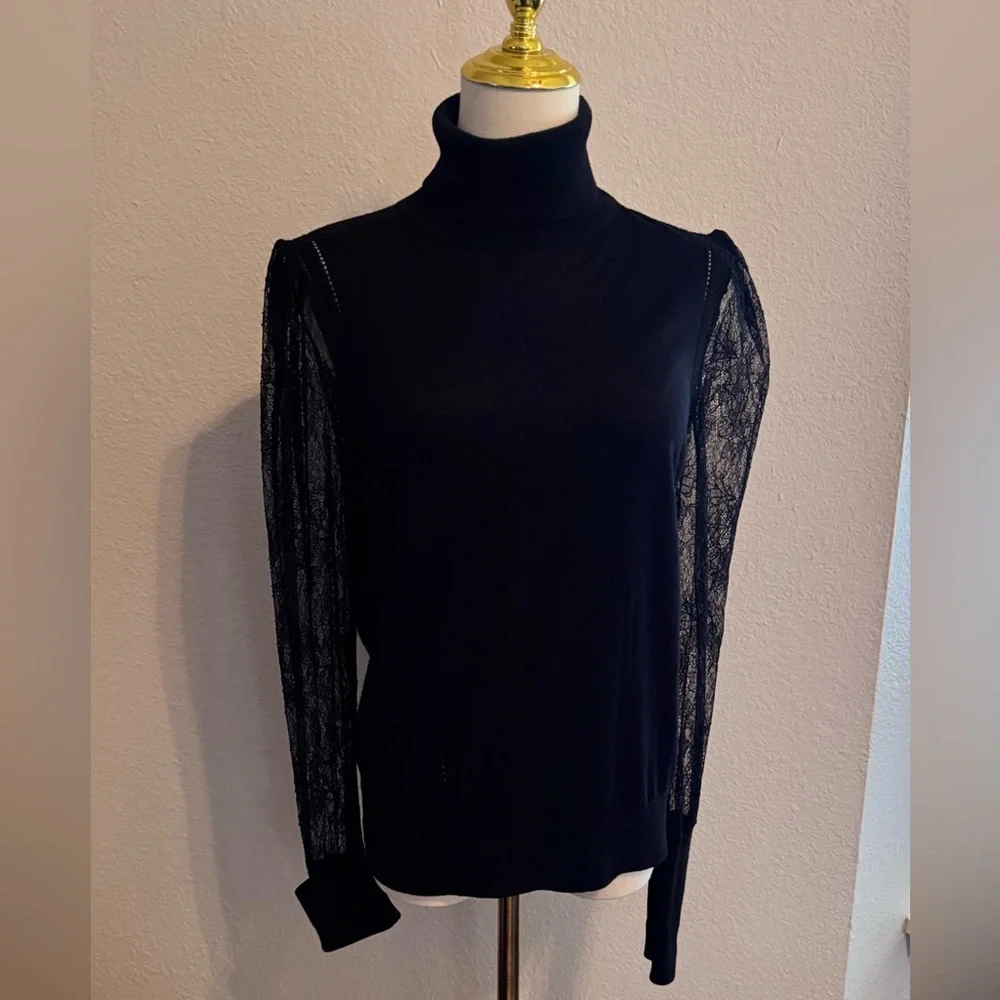 EQUIPMENT Femme Black Wool Silk Turtleneck Sweater Sheer Lace Sleeves Long Cuffs